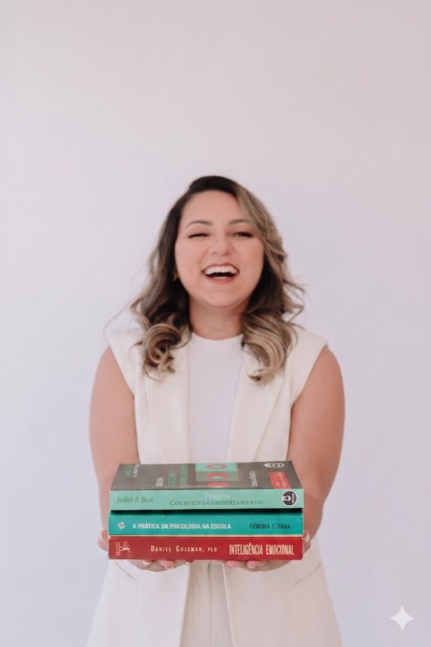 Karen sorrindo enquanto segura livros de psicologia